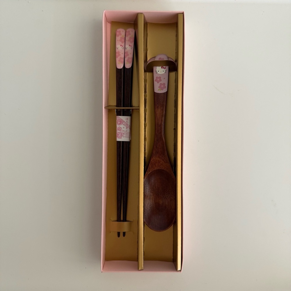 Sanrio Hello Kitty Wooden Chopsticks and Spoon Set with Pink Floral Design